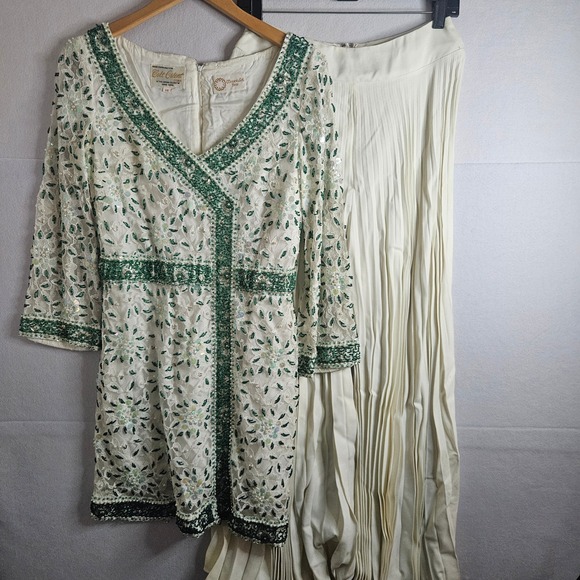 Colt Orient Corp. Dresses & Skirts - Vintage 60s Colt Orient Beaded Lace Tunic and Pleated Maxi Skirt Set Cream Green